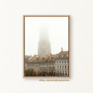 Swiss Fribourg Cathedral, Medieval city, foggy Architectural photography, Swiss Printable Wall Art, Scandinavian Art Décor INSTANT DOWNLOAD