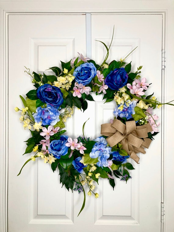 Pink Rose and Hydrangea with Butterflies wreathSpring and Summer wreathEveryday wreath