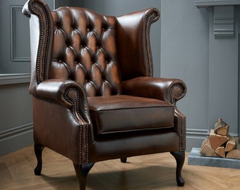 Chesterfield Queen Anne High Back Wing Chair in Antique Tan Leather