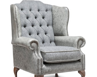 Chesterfield High Back Wing Chair in Vintage Grey Leather & Harris Tweed Wool