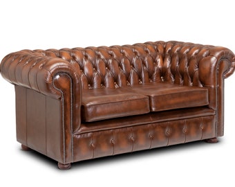 Chesterfield Real Leather Two Seater Sofa Genuine Antique Tan Leather