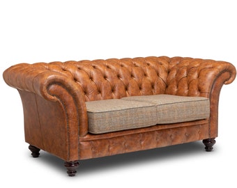 Chesterfield Belmont Real Leather Two / Three Seater Sofa Vintage Tan and Harris Tweed Fabric