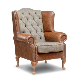 Chesterfield High Back Wing Chair in Vintage Tan Leather & Harris Tweed Wool