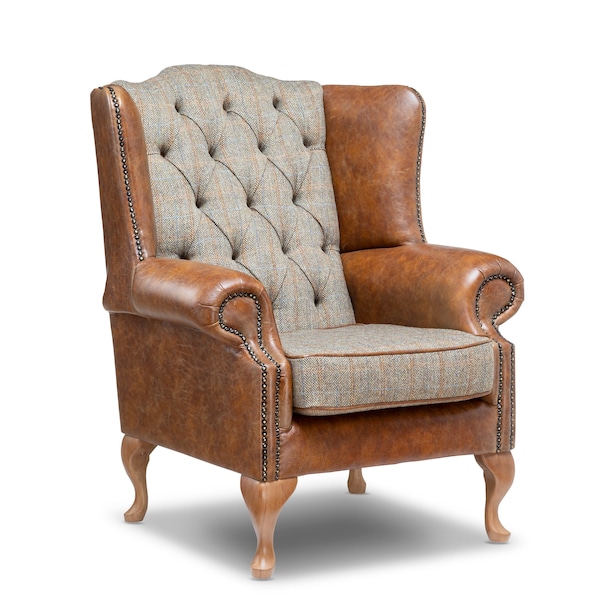 Chesterfield High Back Wing Chair in Vintage Tan Leather & Harris Tweed Wool