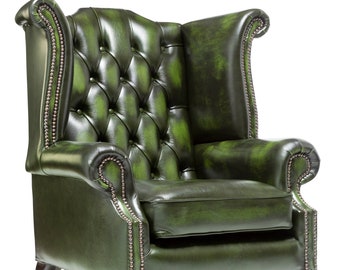 Chesterfield Queen Anne High Back Wing Chair in Antique Green Leather