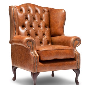 Chesterfield  High Back Wing Chair in Vintage Tan Leather