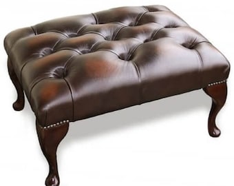 Traditional Chesterfield Queen Anne Footstool 100% Antique Brown Leather