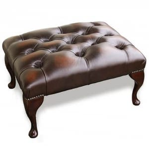 Traditional Chesterfield Queen Anne Footstool 100% Antique Brown Leather
