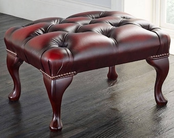 Traditional Chesterfield Queen Anne Footstool 100% Antique Oxblood Leather