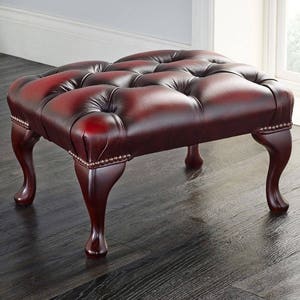 Traditional Chesterfield Queen Anne Footstool 100% Antique Oxblood Leather