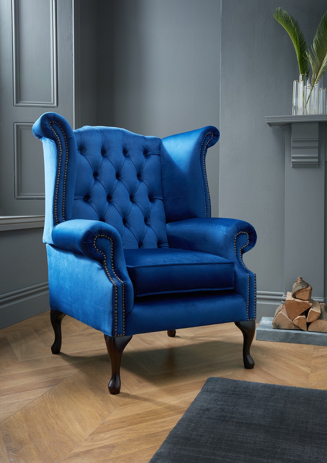 Chesterfield High Back Wing Chair in Plush Royal Blue Velvet Etsy UK
