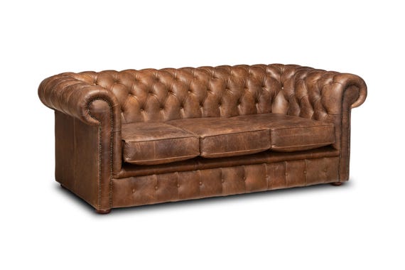 Chesterfield Plus Three Seater Sofa Genuine Vintage Cracked Tobacco Leather 