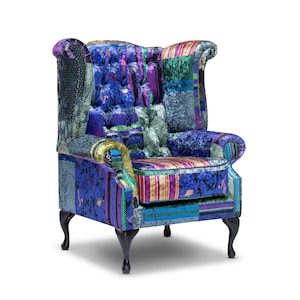 Chesterfield High Back Wing Chair in Patchwork Velvet