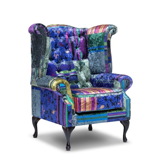 Chesterfield High Back Wing Chair in Patchwork Velvet Etsy UK