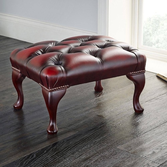 Chesterfield Deep Buttoned Queen Anne Footstool 100/% Antique Oxblood Leather