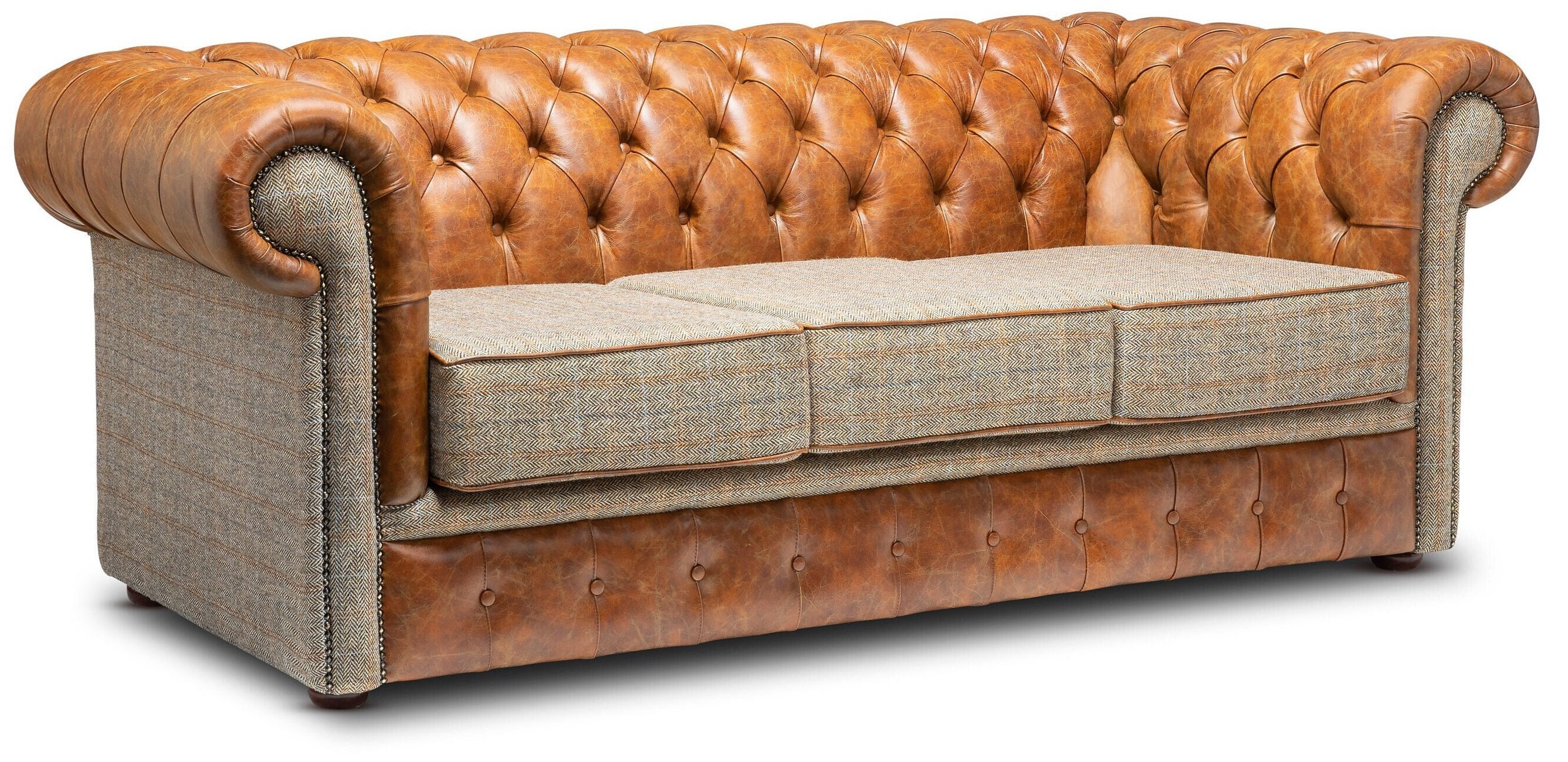 Chesterfield Real Leather Two / Three Seater Sofa Harris Tweed and ...