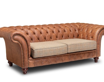 Chesterfield Belmont Real Leather Two / Three Seater Sofa Vintage Brown Leather  and Harris Tweed