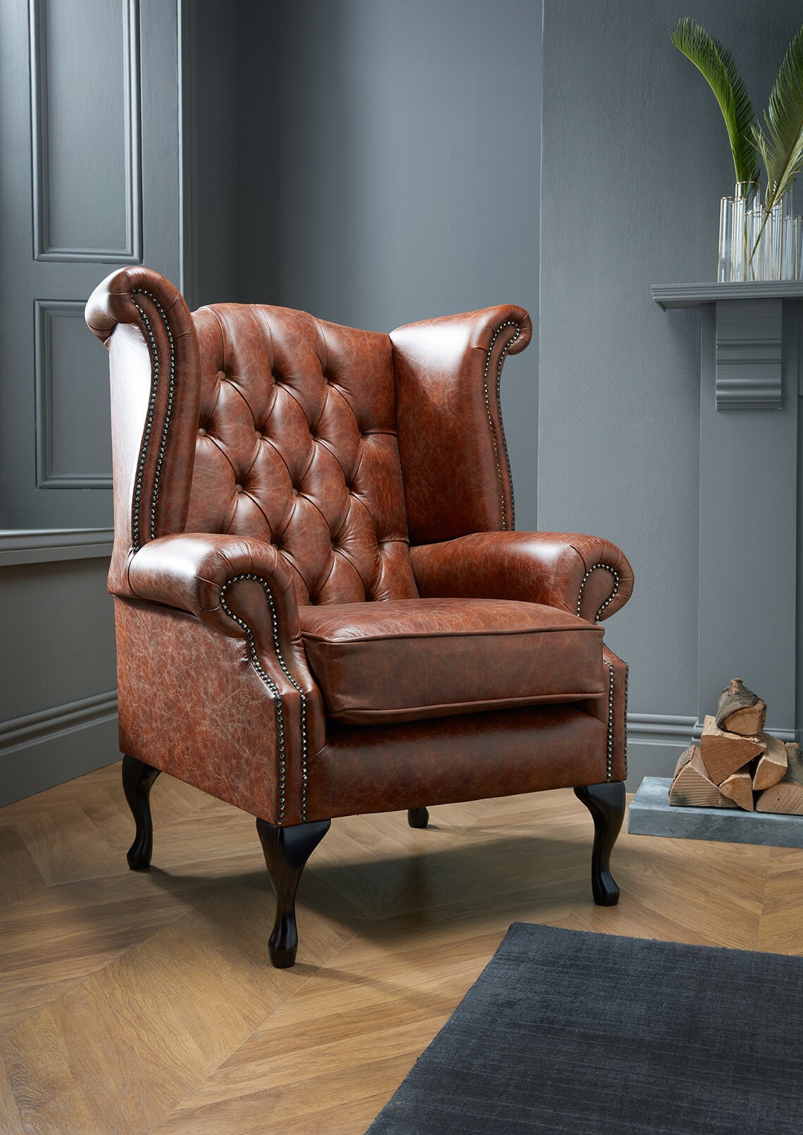 Chesterfield Queen Anne High Back Wing Chair in Vintage Tan Etsy UK