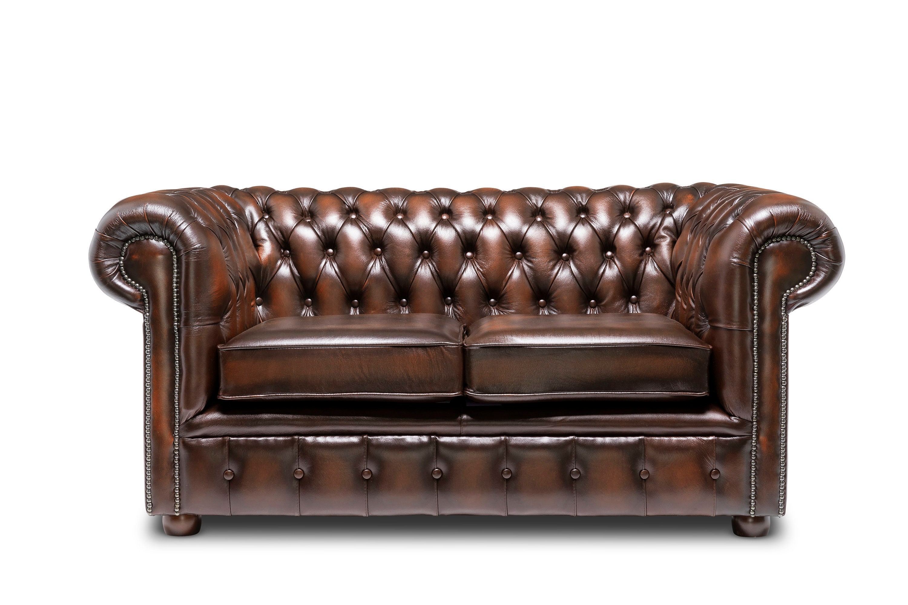 Chesterfield Real Leather Two Seater Sofa Antique Brown Leather