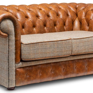 Chesterfield Real Leather Two / Three Seater Sofa Harris Tweed and ...