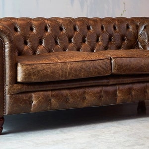 Chesterfield Real Leather Two / Three Seater Sofa Vintage Cognac Brown Leather