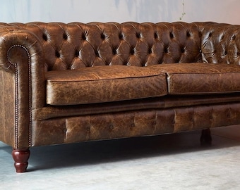 Chesterfield Real Leather Two / Three Seater Sofa Vintage Cognac Brown Leather