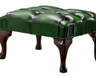 Traditioneller Chesterfield Queen Anne Fußhocker 100% antikgrünes Leder