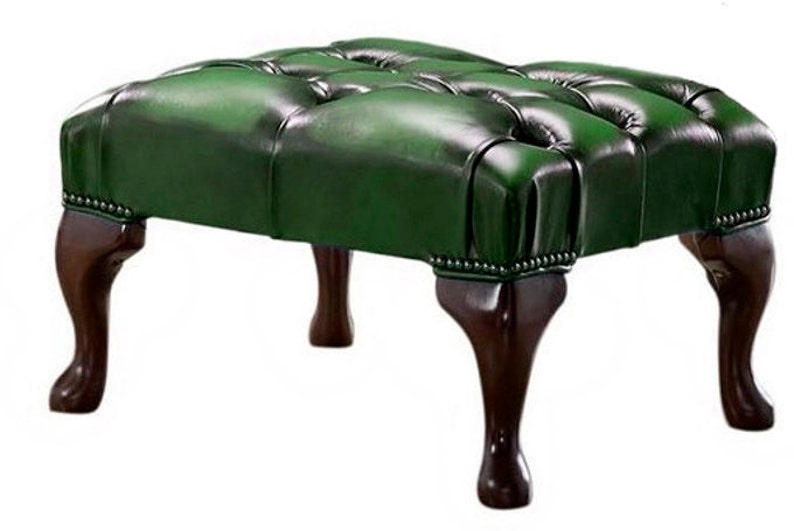 Traditional Chesterfield Queen Anne Footstool 100% Antique Green Leather image 1