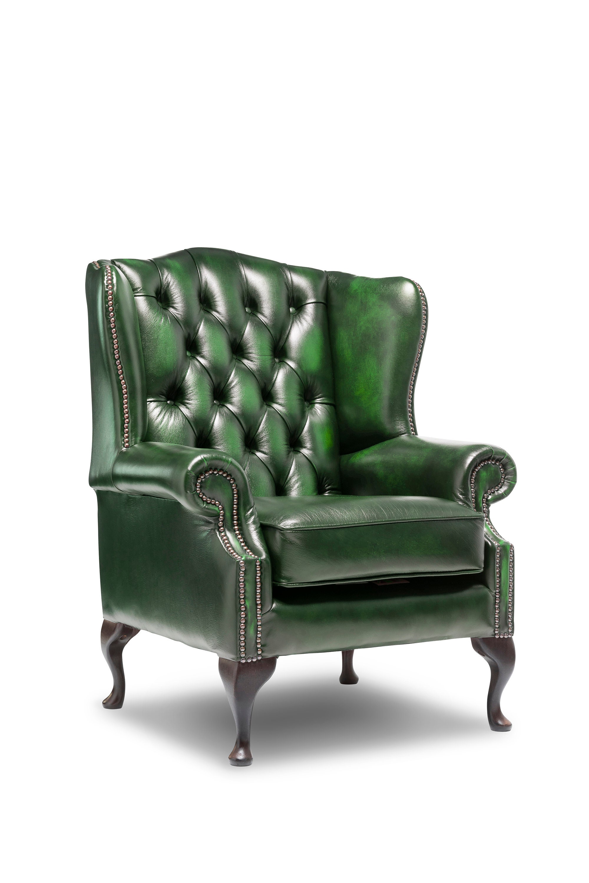 Chesterfield High Back Wing Chair in Antique Green Leather