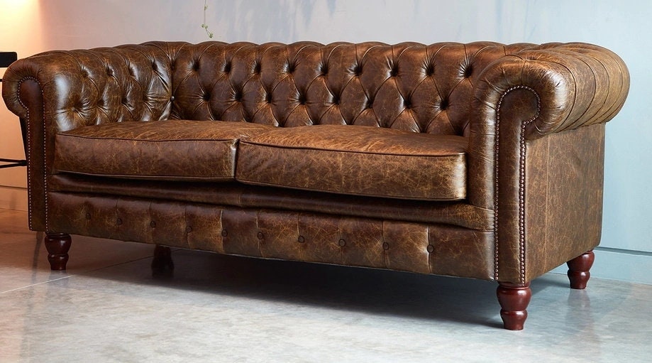 Chesterfield Real Leather Two / Three Seater Sofa Vintage Cognac Brown ...