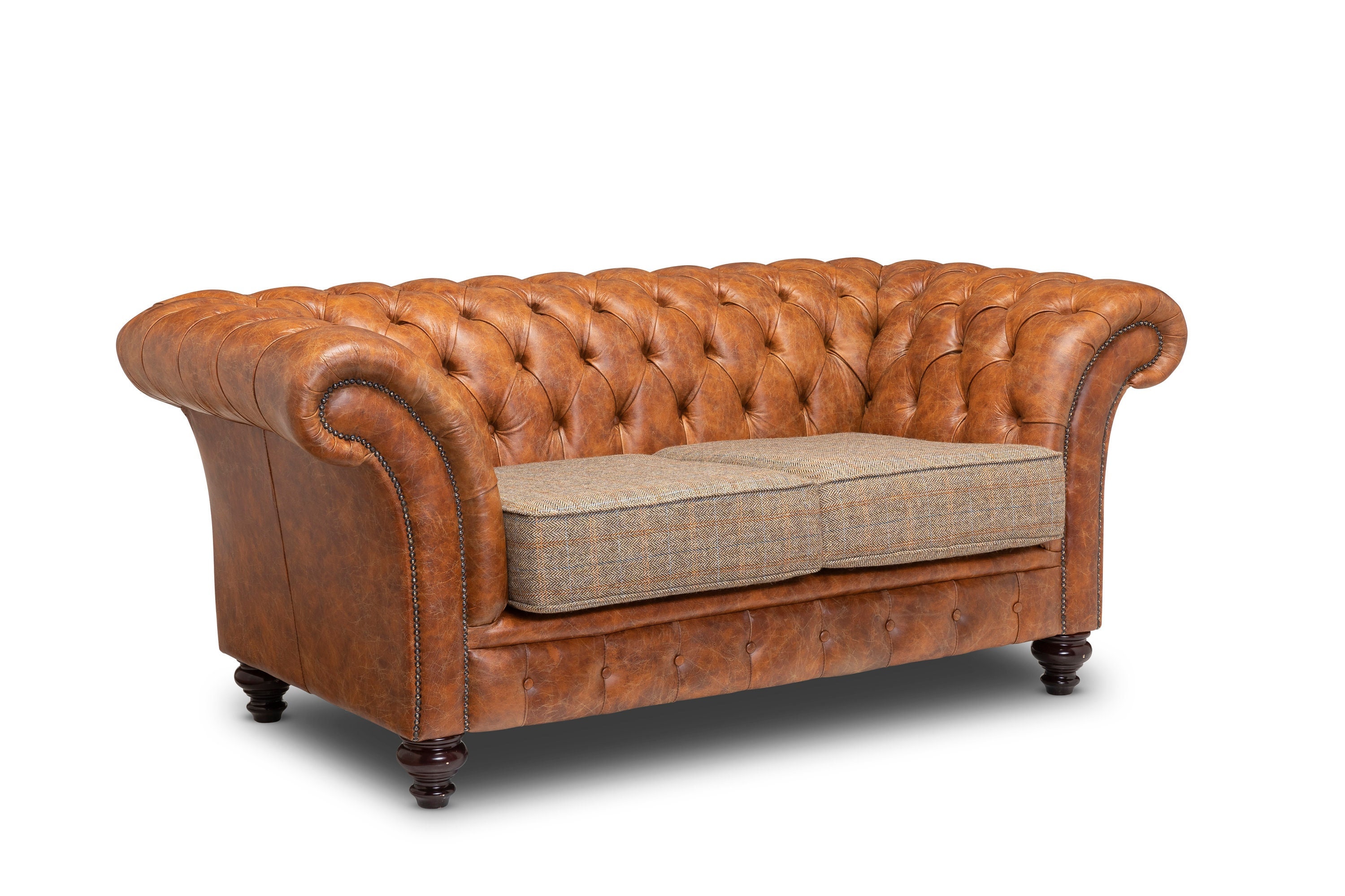 Chesterfield Belmont Leather and Harris Tweed Sofa Vintage Tan