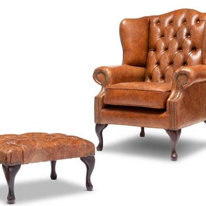 Chesterfield High Back Wing Chair & Footstool in Vintage Tan Leather