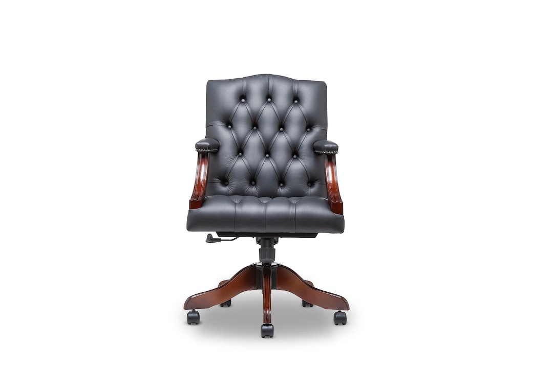 Gainsborough Chesterfield Office Swivel Chair Italian Black Leather