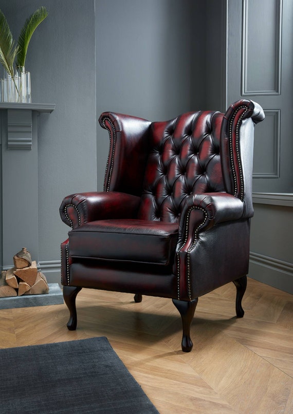Chesterfield Queen Anne High Back Wing Chair in Antique Red Oxblood Leather Etsy