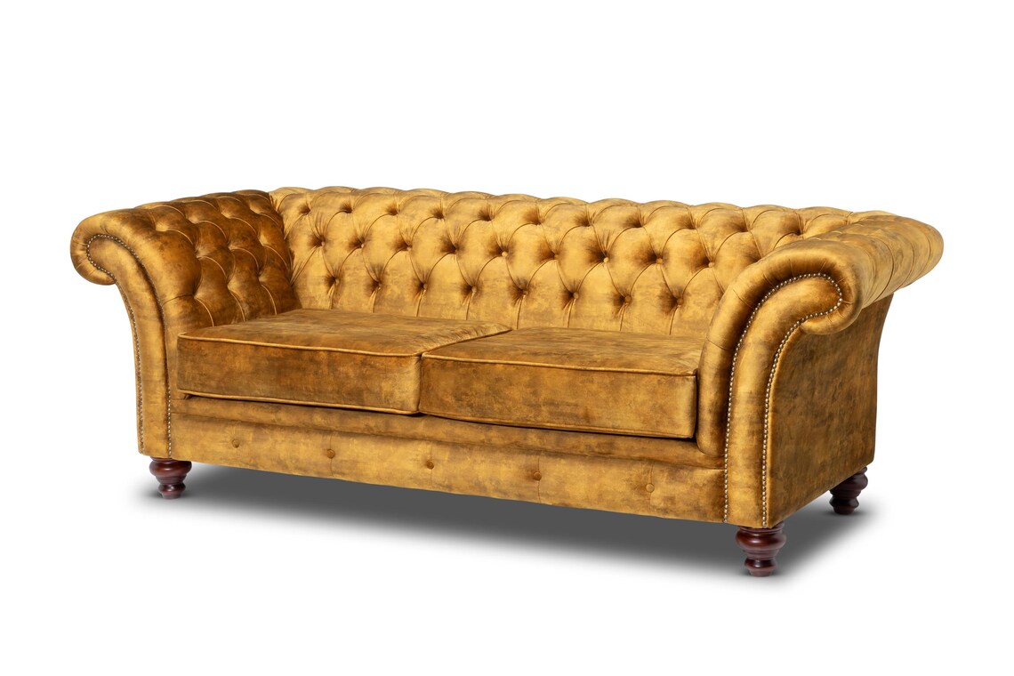 Chesterfield Three Seater Belmont Sofa Vintage Mustard Velvet - Etsy