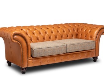 Chesterfield Belmont Real Leather Two / Three Seater Sofa Tan Leather and Harris Tweed