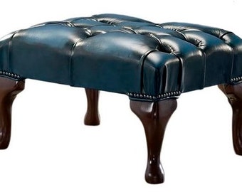 Traditioneller Chesterfield Queen Anne Fußhocker 100% Antik Blau Leder