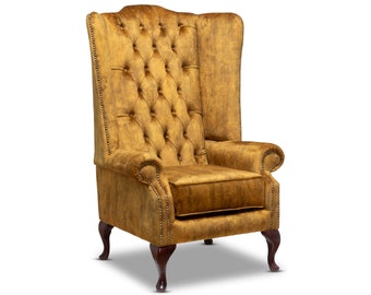 British Made Chesterfield Extra High Back Wing Chair in Vintage Mustard Velvet