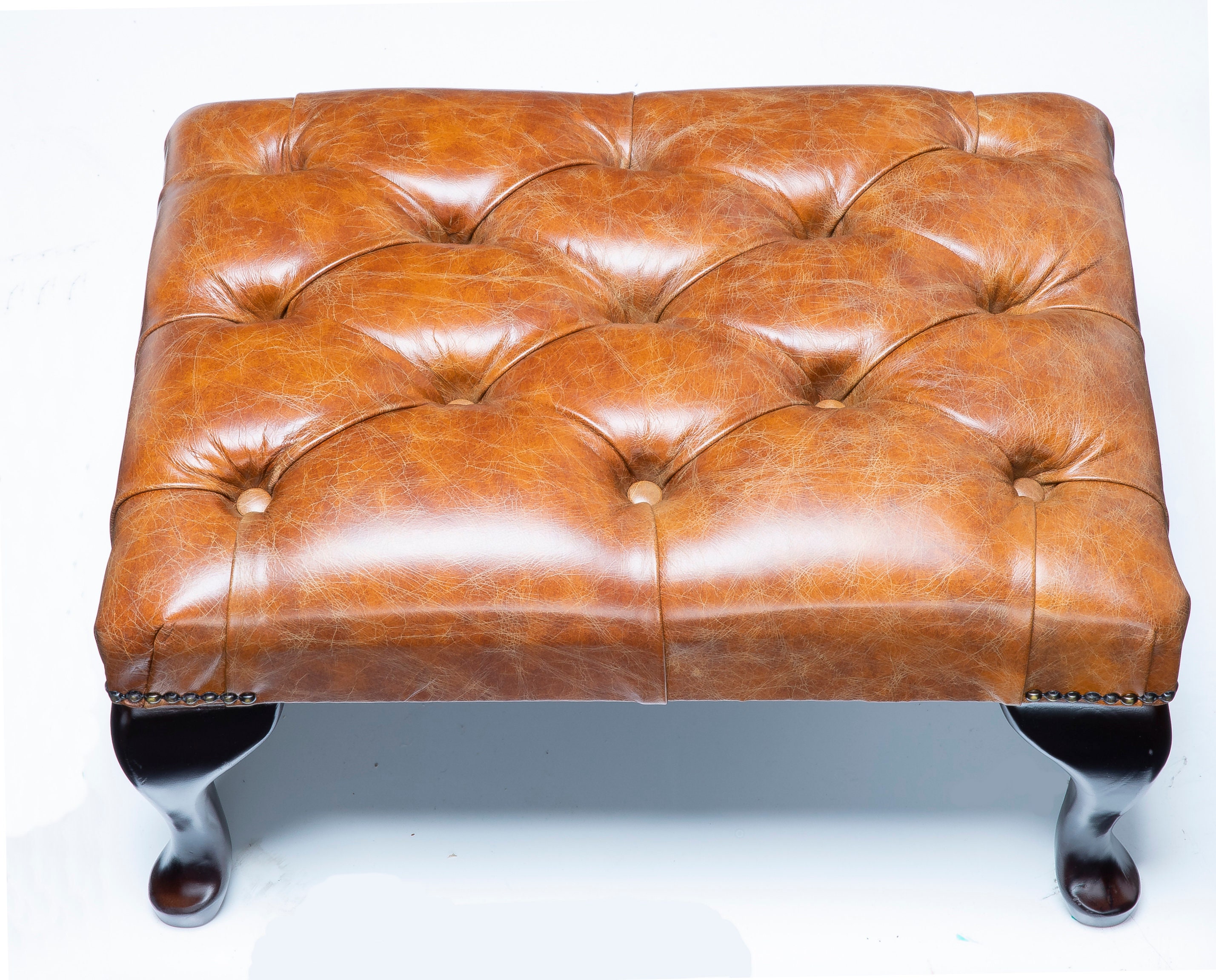 Chesterfield Footstool With Queen Anne Legs in Genuine Antique Patchwork  Leather 