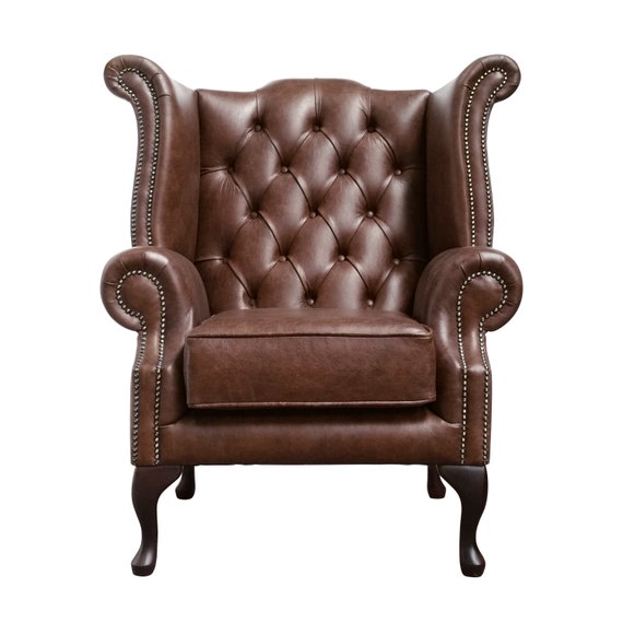 Chesterfield Queen Anne High Back Wing Chair In Vintage Cognac Etsy