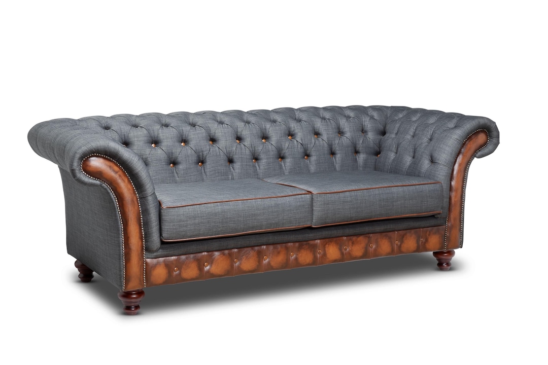Chesterfield Three Seater Belmont Sofa Antique Tan and Grey Tweed - Etsy