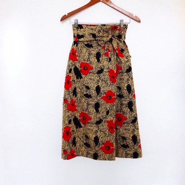 RED POPPIES SKIRT: Midi Skirt, Small, Versatile, Great Fit, Folded Front - African Print, Natural Fibers, High Quality Cotton, One of a Kind