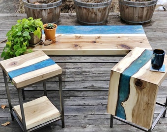 Live Edge Resin Art Coffee and Side Table Set &quot;Anadromy&quot; SOLD