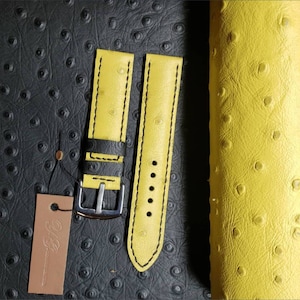 Ostrich 18, 20, 22, 24mm genuine leather handmade hand stitched watch band, yellow, made by YG