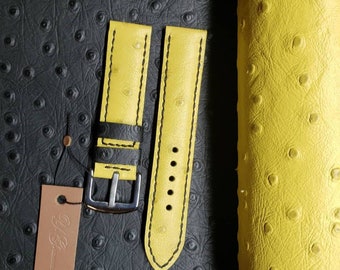 Ostrich 18, 20, 22, 24mm genuine leather handmade hand stitched watch band, yellow, made by YG