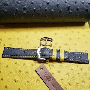 Genuine leather 20x18 mm watch band, dark gray, Ostrich embossed hand made and hand stitched by YG, soft and pliable