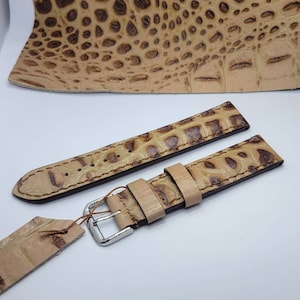 Crocodile embossed beige/brown genuine leather all hand made hand stitched watch band made in USA by YG