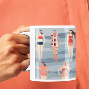 Mid-Century American Females Coffee Mug, Red, White, Blue Monochromatic Minimalist Portraits Tea Cup, Beach Coffee Mug
