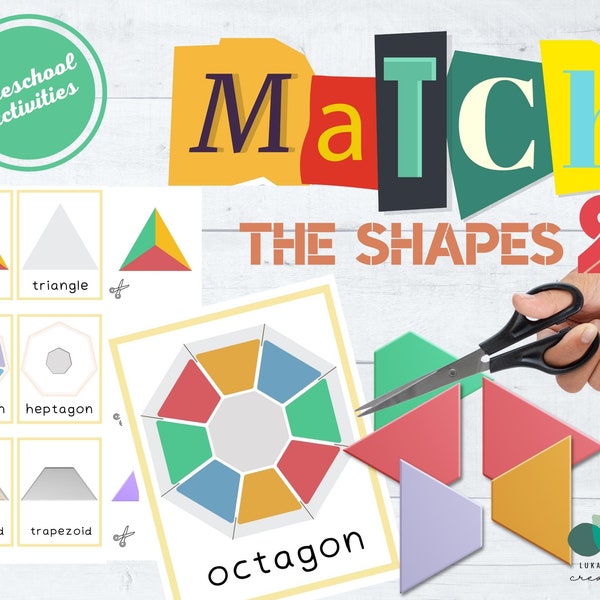 Preschool Shape Cards, Shape Matching Flashcards, Montessori Cards for Toddlers, Heptagon, Octagon and Trapezoid Cards