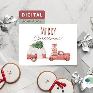 Printable Christmas Greeting Card Instant Download 7x5 in Cards For Christmas, Christmas Truck Card To Download, Foldable Christmas Card